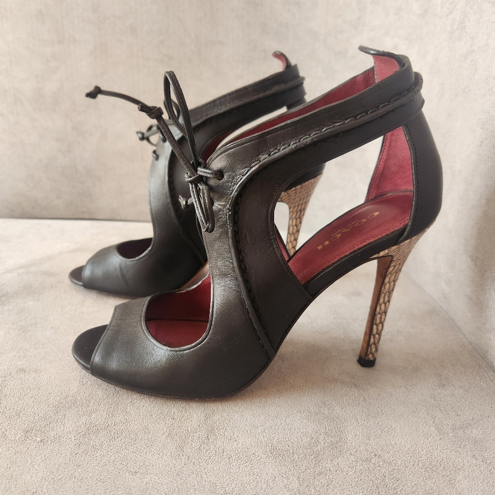 Coach Shooties 7.5 Black Leather Arianna Cut Out Open Toe Lace Up Heeled Sandals